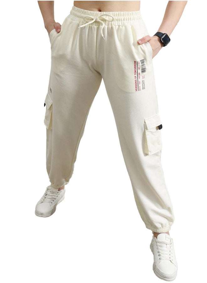 Women's White Cotton Blend Printed Full Length Cargo Regular Fit Trouser