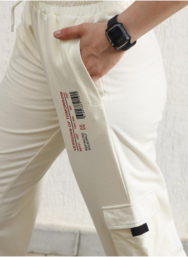 Women's White Cotton Blend Printed Full Length Cargo Regular Fit Trouser