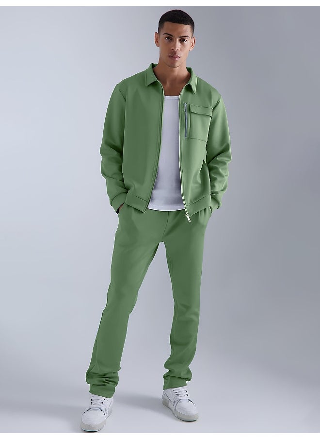 Maniac Men Solid Hunter Green Collared Neck Jacket and Jogger Cotton Loopknit Fleece Co-Ords