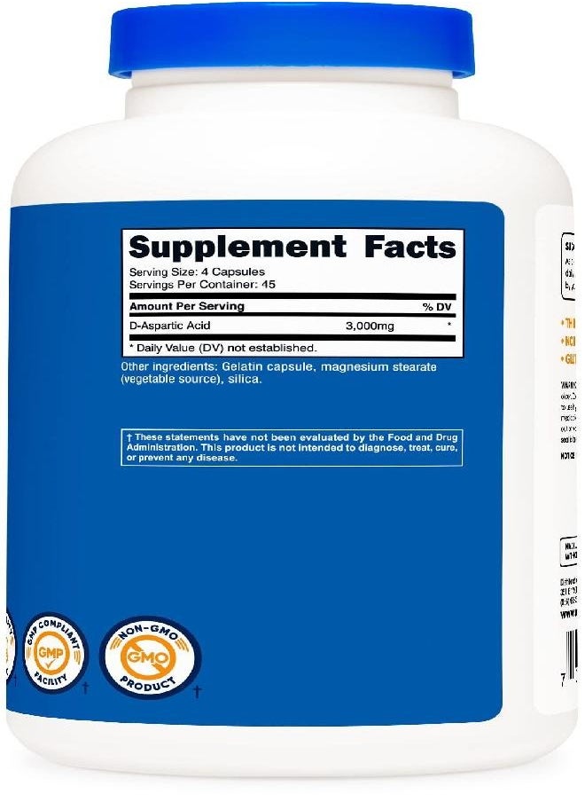 Nutricost D-Aspartic Acid (DAA) Capsules 3000mg Per Serving (180 Capsules) - Non-GMO