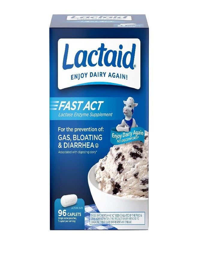 Lactaid Fast Act Lactose Intolerance Caplets with Lactase Enzyme to Prevent Gas Bloating & Diarrhea Due to Digesting Dairy Ideal for Travel & On The Go 96 Travel pks of 1 ct