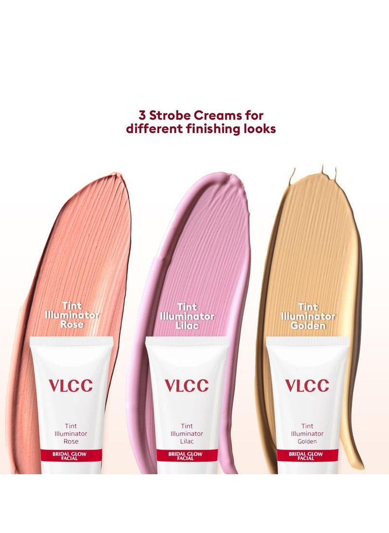 VLCC Bridal Glow Facial Kit - 49g, With Hyaluronic Acid, Niacinamide & Vitamin C. At home facial with 3 Illuminator Strobe Creams - Gold Strobe Cream. Lilac Strobe Cream. Rose Strobe Cream