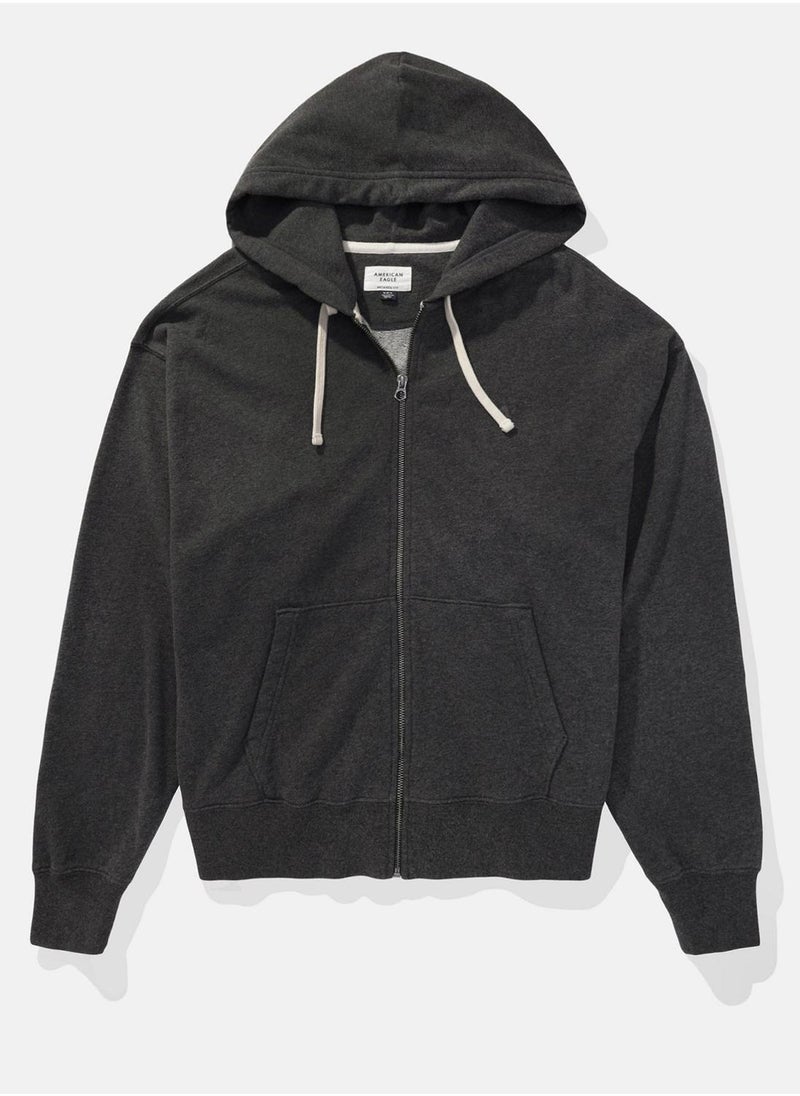 Fleece Zip Through Drawstring Hoodie