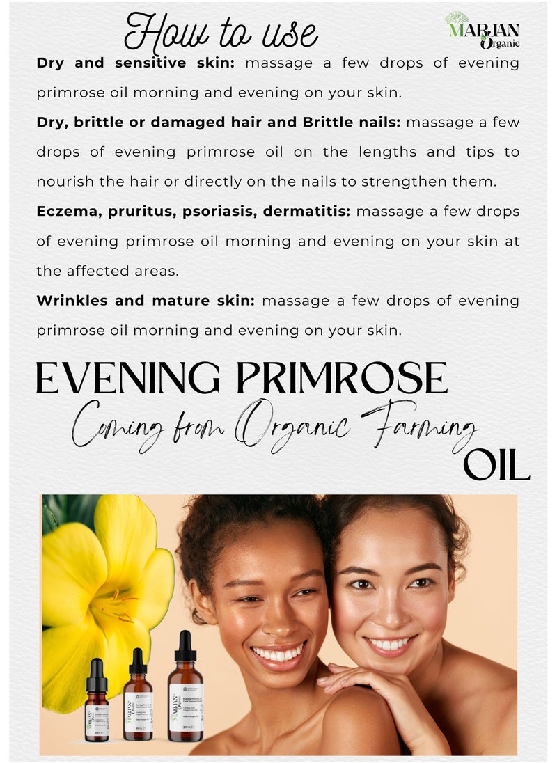 Evening Primrose Oil 30ml - 100% Organic cold pressed - 100% Pure, Virgin, Unrefined & chemical-free - Perfect Oil Control Face Moisturizer - For Dry hair, Brittle hair, Mature skin, Sensitive skin