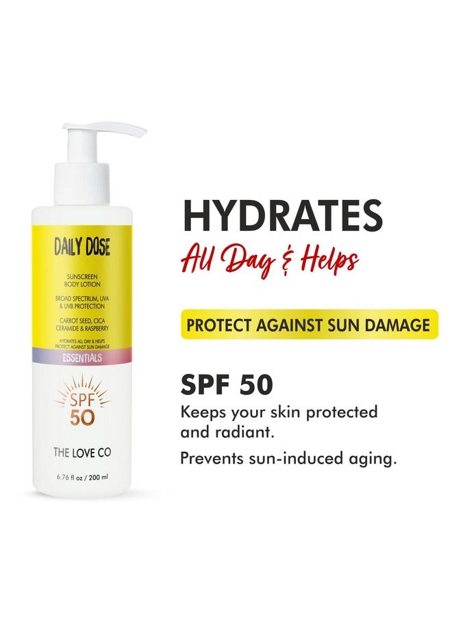 The Love Co Sunscreen Body Lotion Spf 50 ++++ Broad Spectrum Enriched With Carrot Seed Ceramide Niacinamide Cica & Raspberry Uva/Uvb Protection Hydration & Skin Repair For All Skin Types 200Ml
