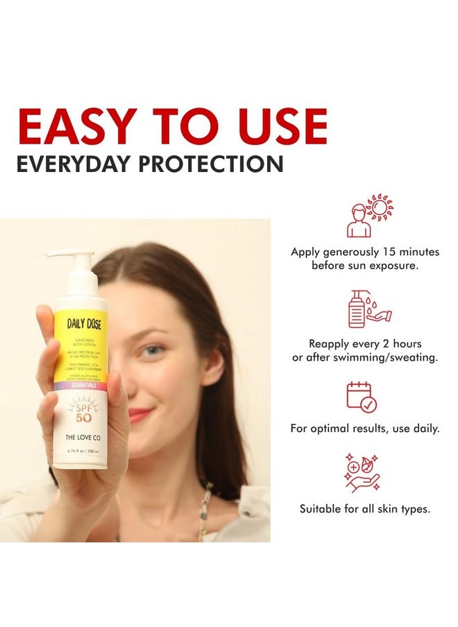 The Love Co Sunscreen Body Lotion Spf 50 ++++ Broad Spectrum Enriched With Carrot Seed Ceramide Niacinamide Cica & Raspberry Uva/Uvb Protection Hydration & Skin Repair For All Skin Types 200Ml