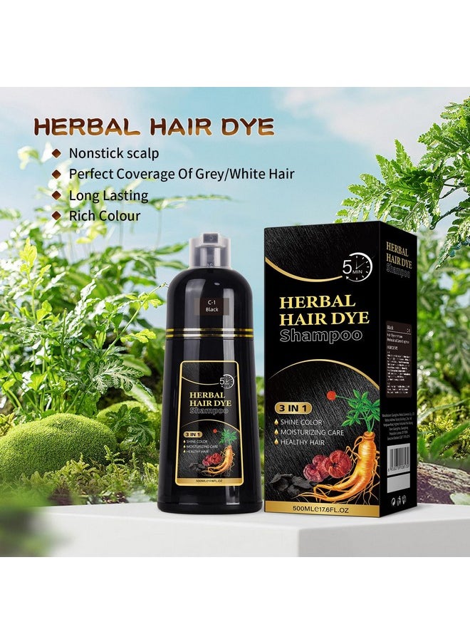 Instant Gray Hair Coverage Shampoo For Women And Men - Ganoderma Nutrient Herbal Ingredients, 3-In-1 Black Hair Color, 17.6 Fl Oz / 500Ml