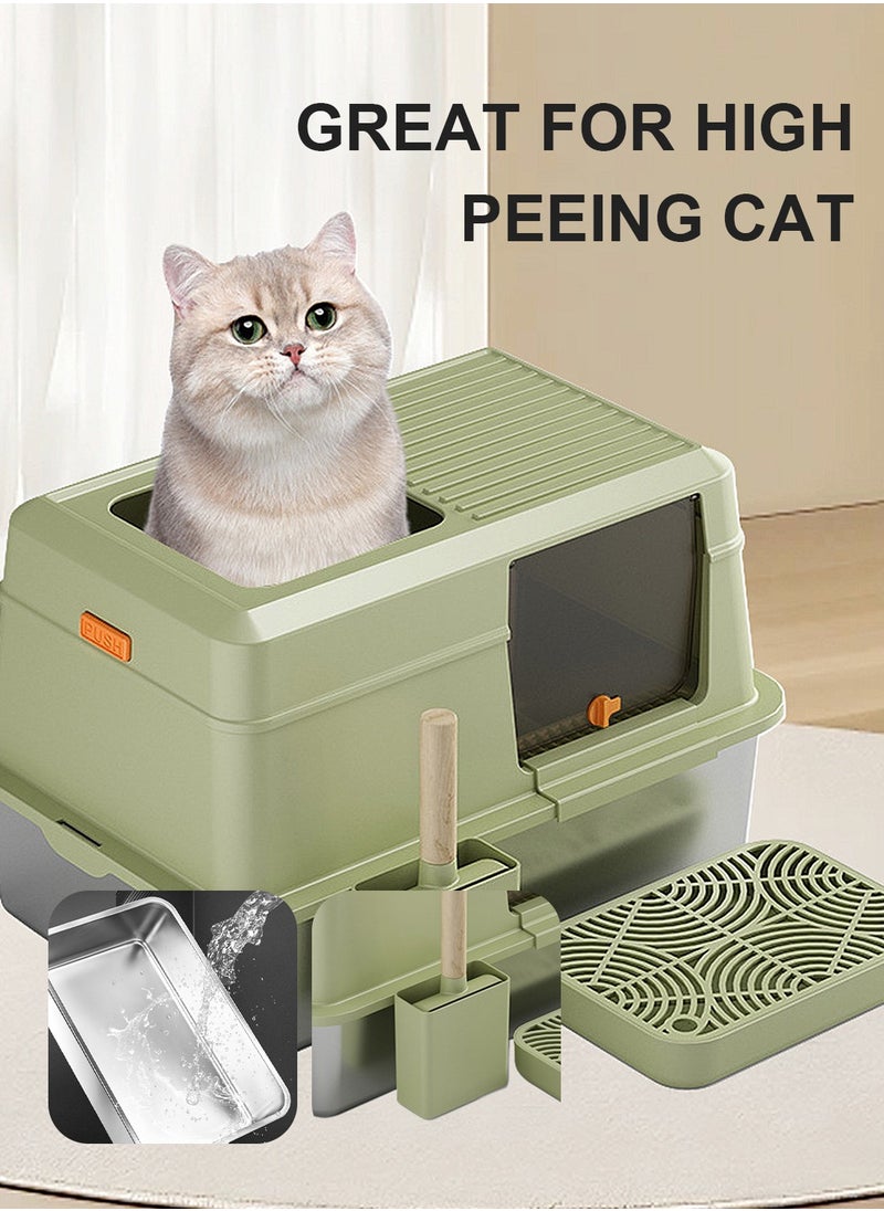 Closed Stainless Steel Pet Cat Litter Box Large Capacity Metal Cat Toilet Tray Garbage Room High Wall Side Panel With Cover 60*40*38CM