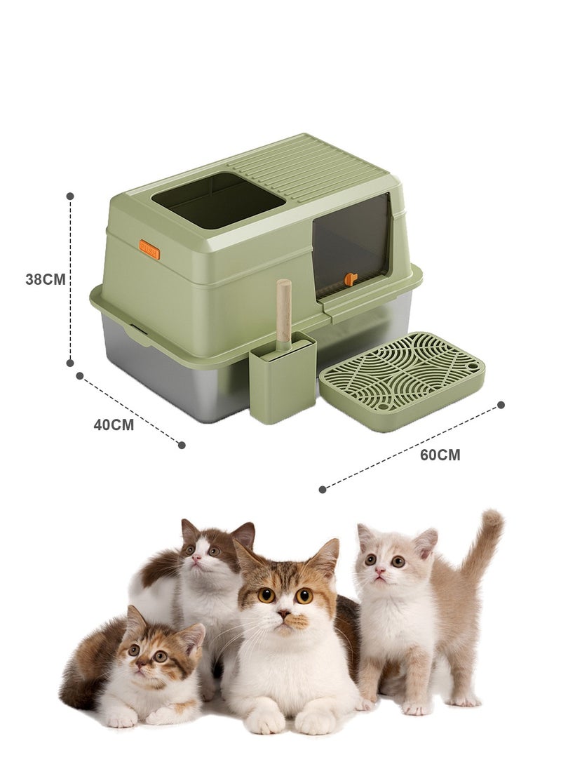 Closed Stainless Steel Pet Cat Litter Box Large Capacity Metal Cat Toilet Tray Garbage Room High Wall Side Panel With Cover 60*40*38CM