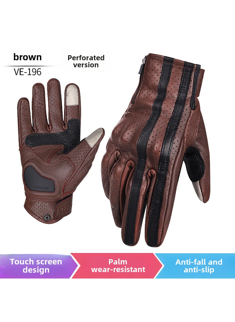 1 x 5 pcs Summer Breathable Leather Motorcycle Gloves Brown (punched)