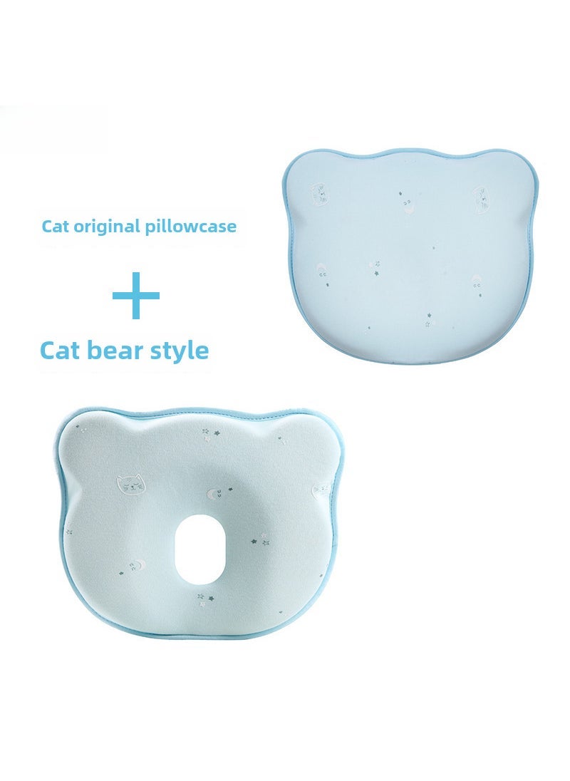 Baby Memory Foam Pillow Breathable Soft Head Shaping Cat Green + Pillowcase