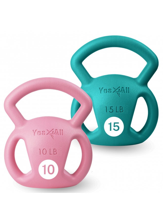 Yes4All Strength Training Kettlebells 10&15lb Weight with Wide Multigrip Handle for Dumbbell Weights Exercises, Full Body Workout Equipment - Pink - 10 + 15lbs