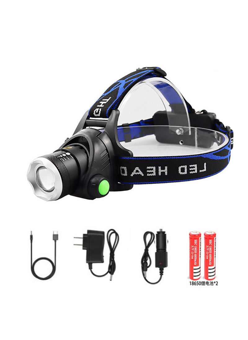 1 x 5 pcs Powerful T6 LED Headlamp Rechargeable Zoomable T6 headlights +2*18650 + straight + car charger