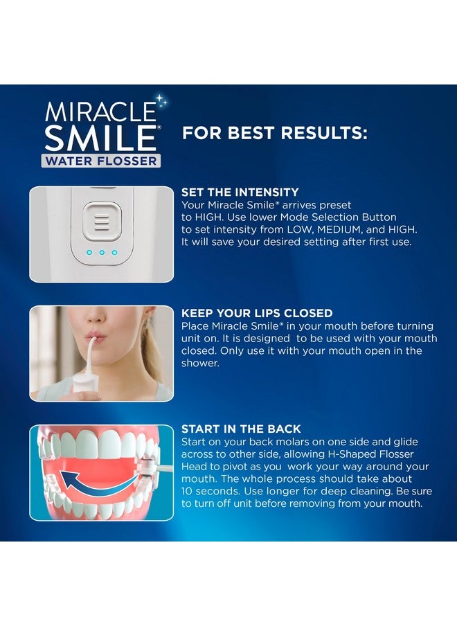 Miracle Smile Water Flosser For Teeth&Gum Health, Unique H-Shaped Flossing Head&4 Water Jets, Cordless Water Flosser Features 360° Cleaning&3 Pressure Modes, Usb Rechargeable Dental Floss, White