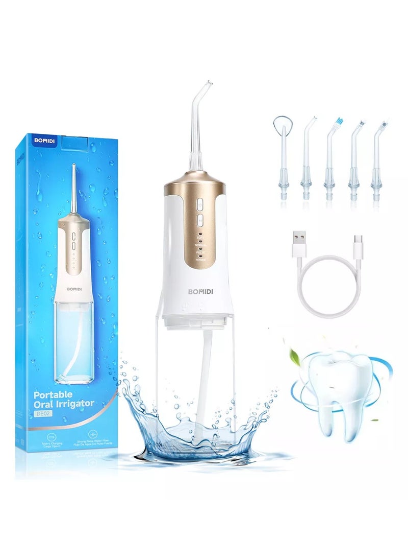 Water Flosser for Cleaning Teeth 360° Rotation 6 Nozzles 240ml Water Tank IPX7 Type-C 3H Charging Time DE02 - White/Gold