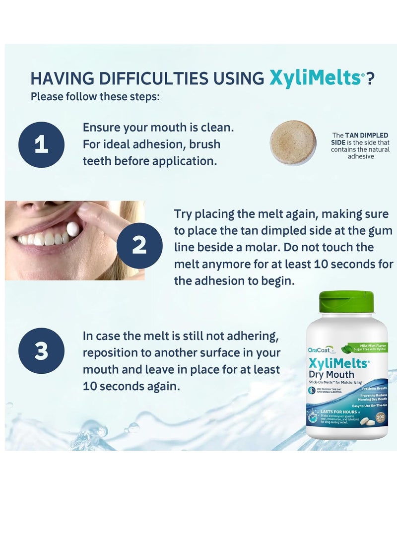 OraCoat XyliMelts Dry Mouth Relief Moisturizing Stick-On-Melts with Xylitol, 100 Count, Mild Mint, Help Stimulates Saliva for Dry Mouth, Non-Acidic, Day & Night Use, Time Release for Up to 8-Hour