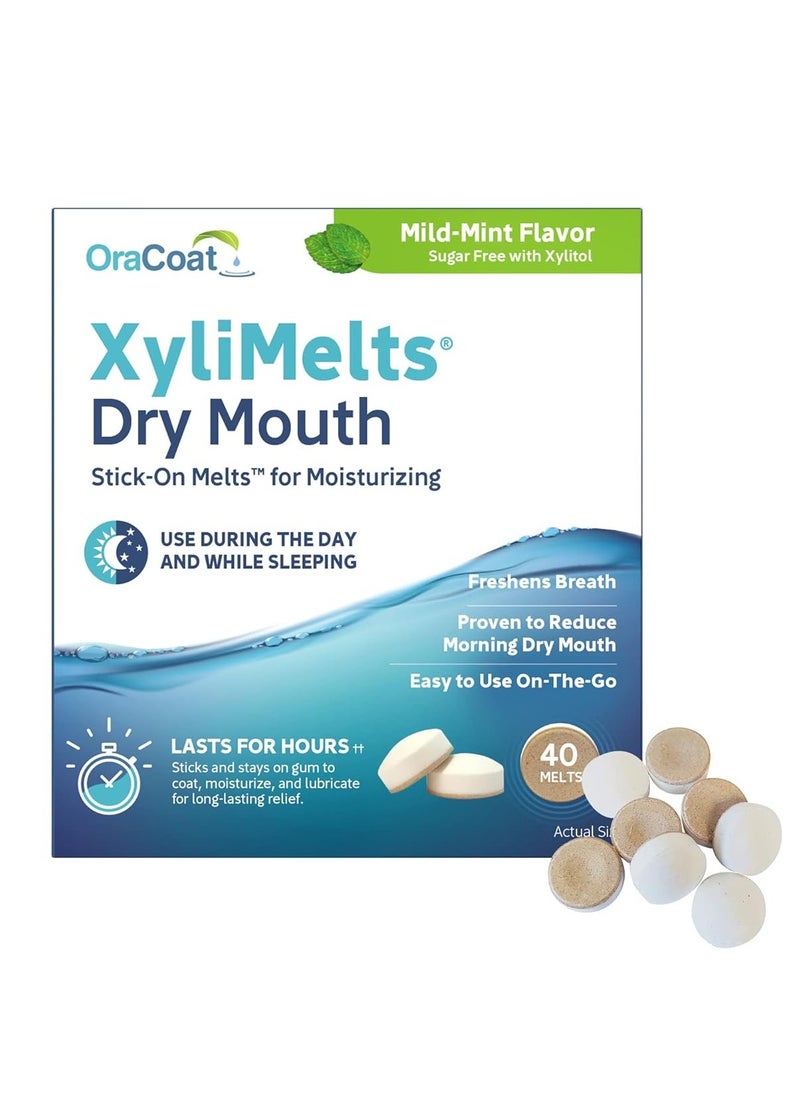 OraCoat XyliMelts Dry Mouth Relief Moisturizing Oral Adhering Discs 40 Count, Mild Mint with Xylitol, for Dry Mouth, Stimulates Saliva, Non-Acidic