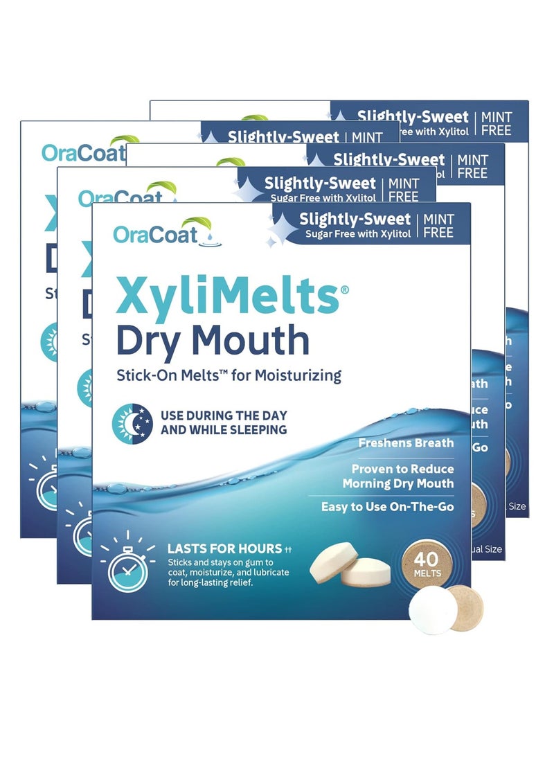 OraCoat XyliMelts Dry Mouth Relief Moisturizing Oral Adhering Discs 40 Count, 5 Pack, Slightly-Sweet with Xylitol, for Dry Mouth, Stimulates Saliva