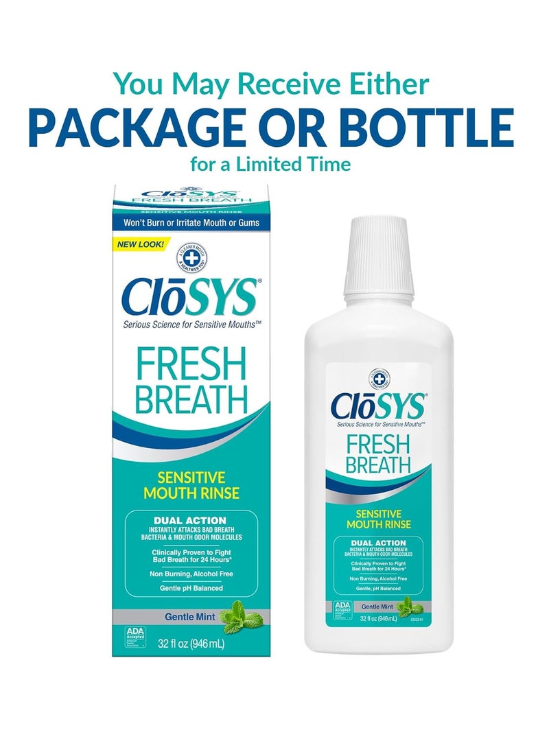 CloSYS Sensitive Mouthwash, 32 Ounce, Gentle Mint, Alcohol Free, Dye Free, pH Balanced, Helps Soothe Mouth Sensitivity, Fights Bad Breath