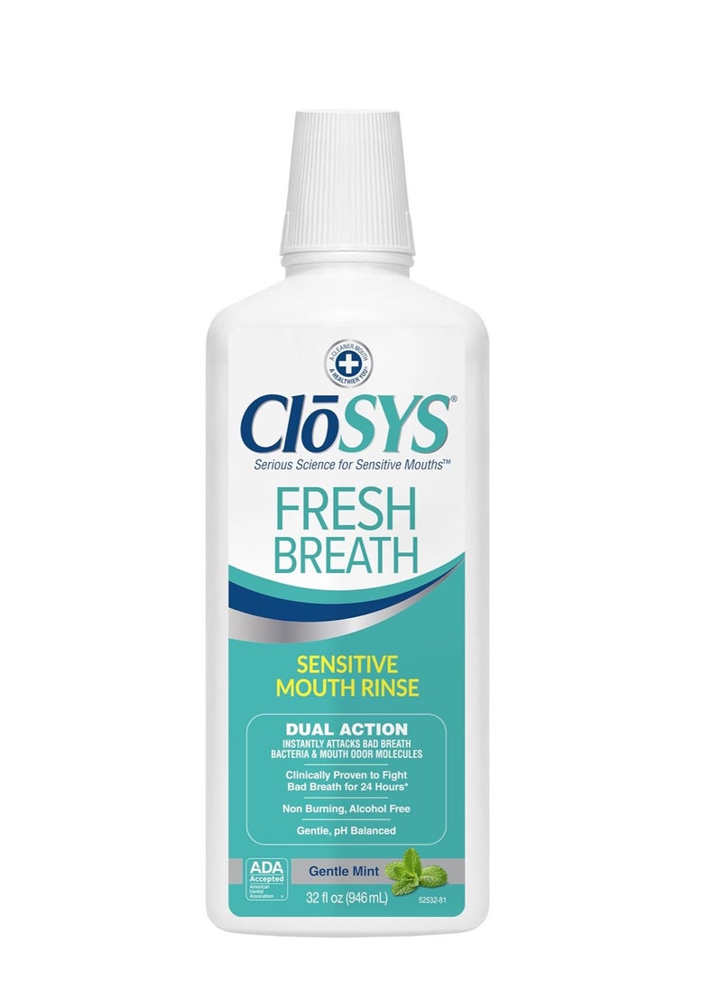 CloSYS Sensitive Mouthwash, 32 Ounce, Gentle Mint, Alcohol Free, Dye Free, pH Balanced, Helps Soothe Mouth Sensitivity, Fights Bad Breath