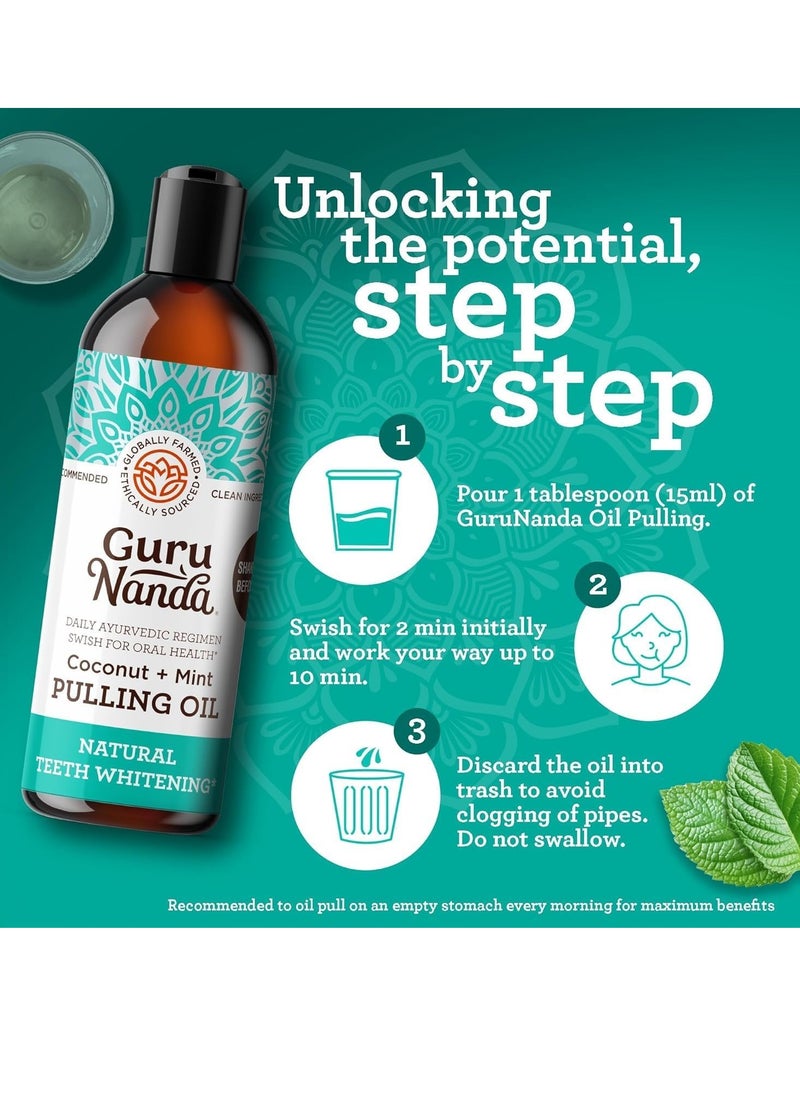 GuruNanda Whitening Pulling Oil with Coconut Oil & Peppermint Essential Oil for Natural Teeth Whitening, Fresh Breath, Alcohol Free Mouthwash (8 FlOz)