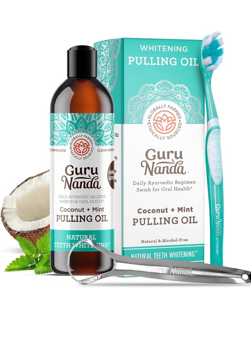 GuruNanda Whitening Pulling Oil with Coconut Oil & Peppermint Essential Oil for Natural Teeth Whitening, Fresh Breath, Alcohol Free Mouthwash (8 FlOz)