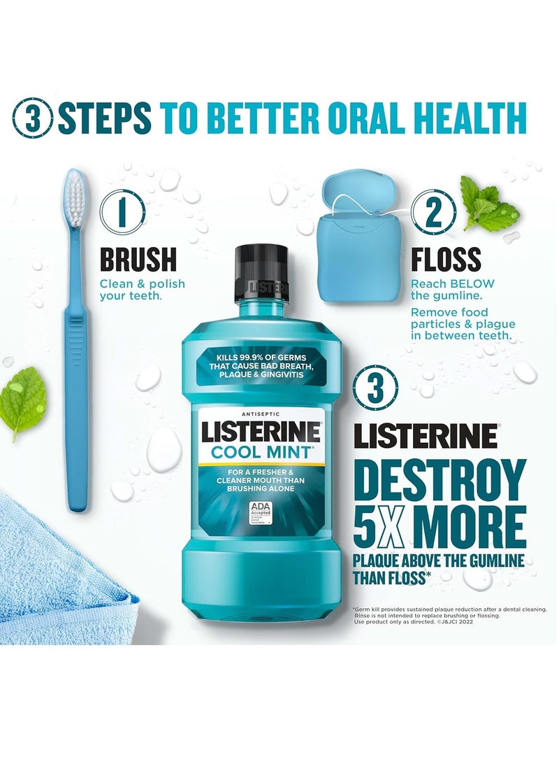 Listerine Cool Mint Mouthwash, Kills 99.9% of Germs That Cause Bad Breath, Plaque and Gingivitis, Antiseptic, Cool Mint Flavor, 1 L, 2 Pack