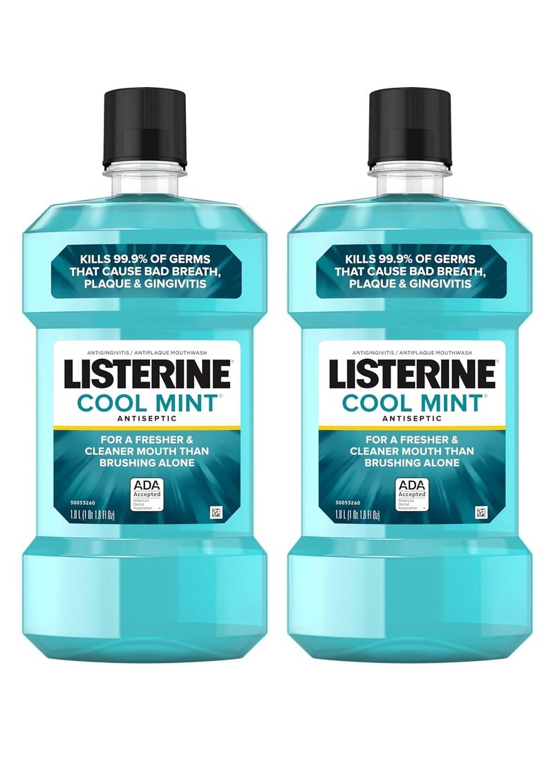 Listerine Cool Mint Mouthwash, Kills 99.9% of Germs That Cause Bad Breath, Plaque and Gingivitis, Antiseptic, Cool Mint Flavor, 1 L, 2 Pack