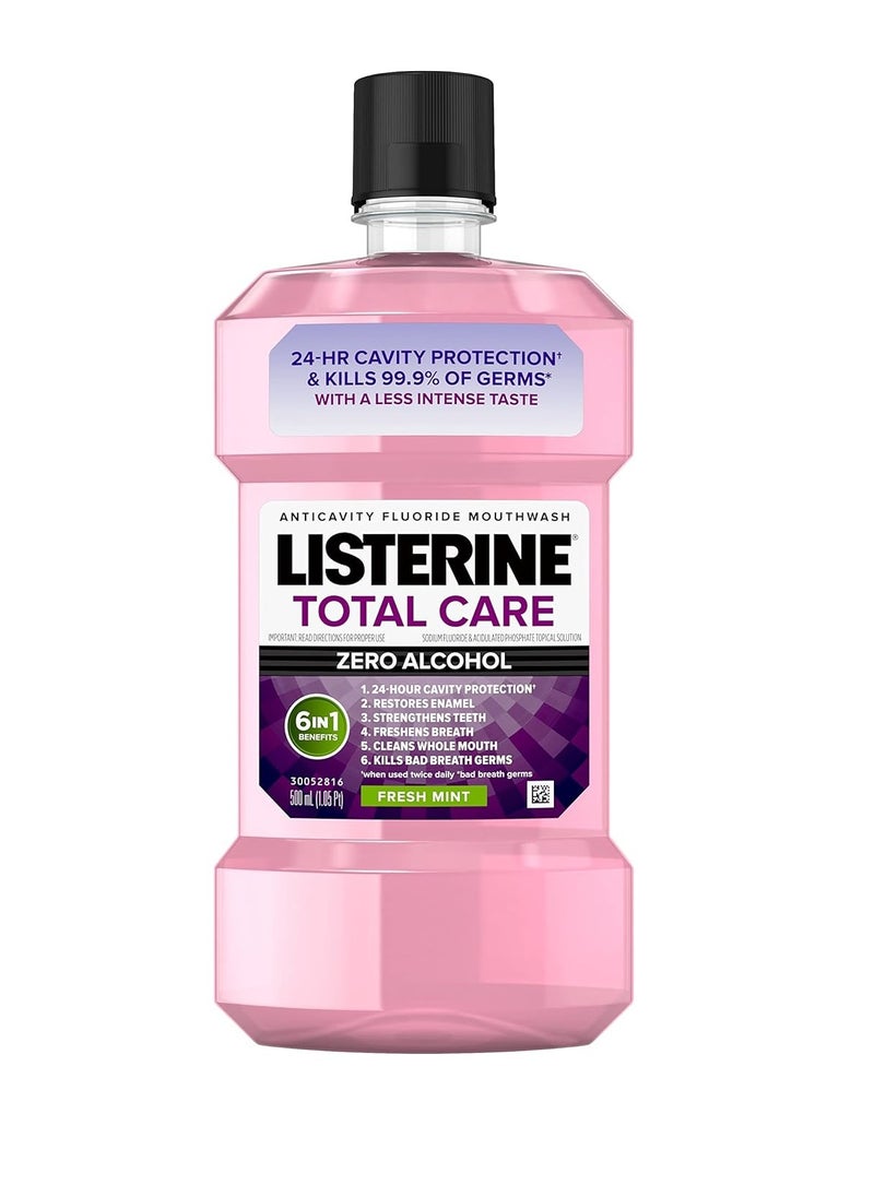 Listerine Total Care Alcohol-Free Anticavity Fluoride Mouthwash, 6 Benefit Oral Rinse to Help Kill 99% of Germs That Cause Bad Breath, Strengthen Enamel, Fresh Mint Flavor, 500 mL