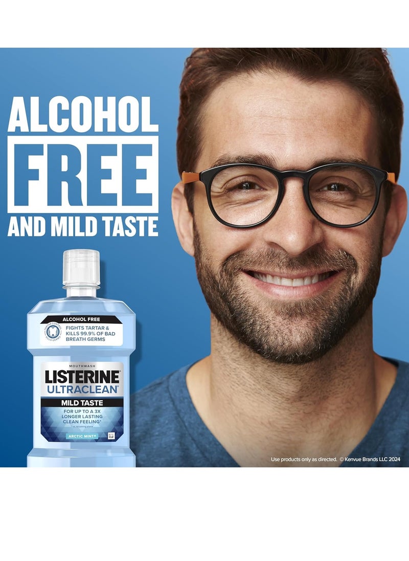 Listerine Ultraclean Zero Alcohol Tartar Control Mouthwash, Oral Rinse to Help Fight Bad Breath and Tartar, for Cleaner, Naturally White Teeth, Less Intense Arctic Mint Taste, 1 L