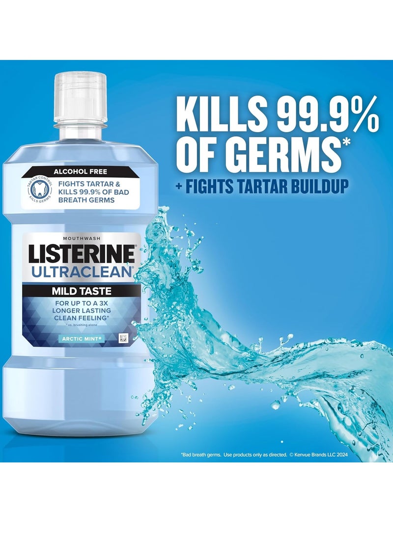 Listerine Ultraclean Zero Alcohol Tartar Control Mouthwash, Oral Rinse to Help Fight Bad Breath and Tartar, for Cleaner, Naturally White Teeth, Less Intense Arctic Mint Taste, 1 L