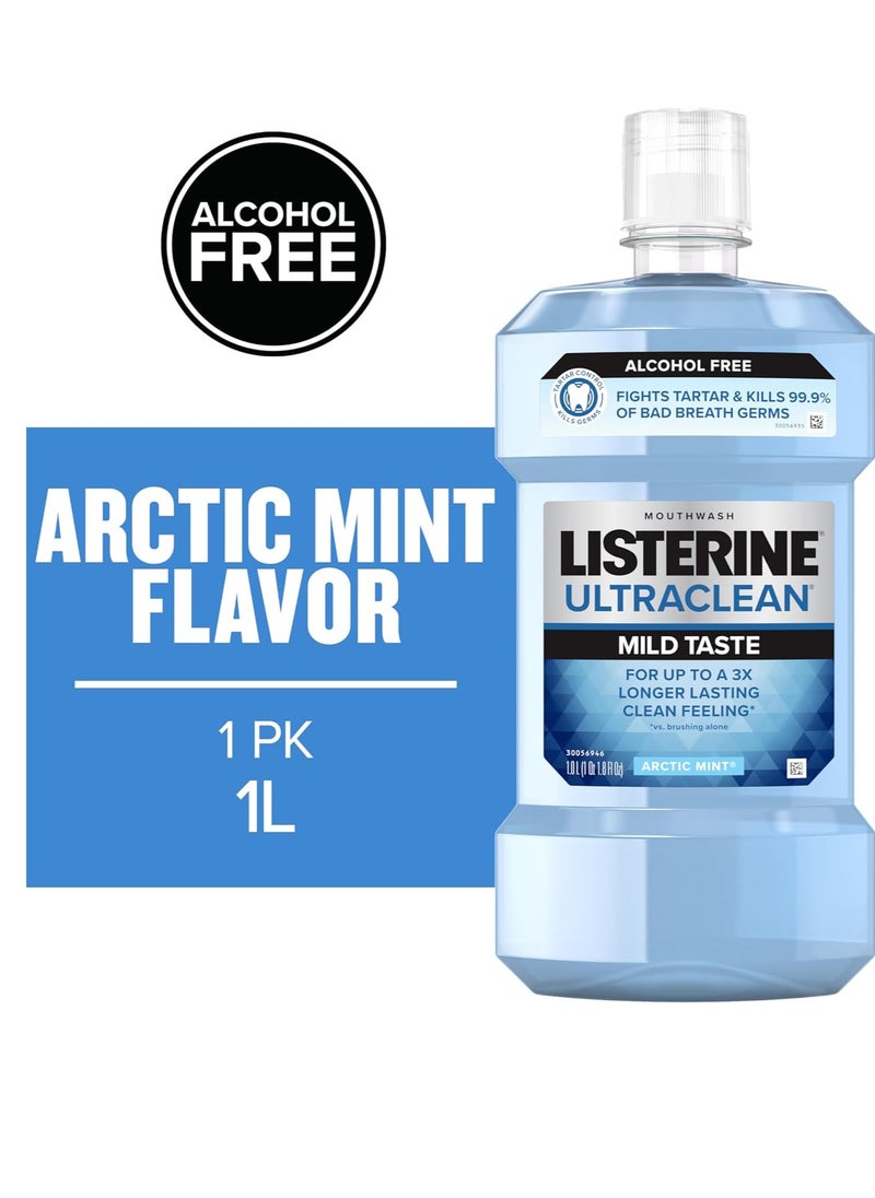 Listerine Ultraclean Zero Alcohol Tartar Control Mouthwash, Oral Rinse to Help Fight Bad Breath and Tartar, for Cleaner, Naturally White Teeth, Less Intense Arctic Mint Taste, 1 L