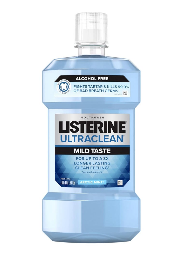 Listerine Ultraclean Zero Alcohol Tartar Control Mouthwash, Oral Rinse to Help Fight Bad Breath and Tartar, for Cleaner, Naturally White Teeth, Less Intense Arctic Mint Taste, 1 L