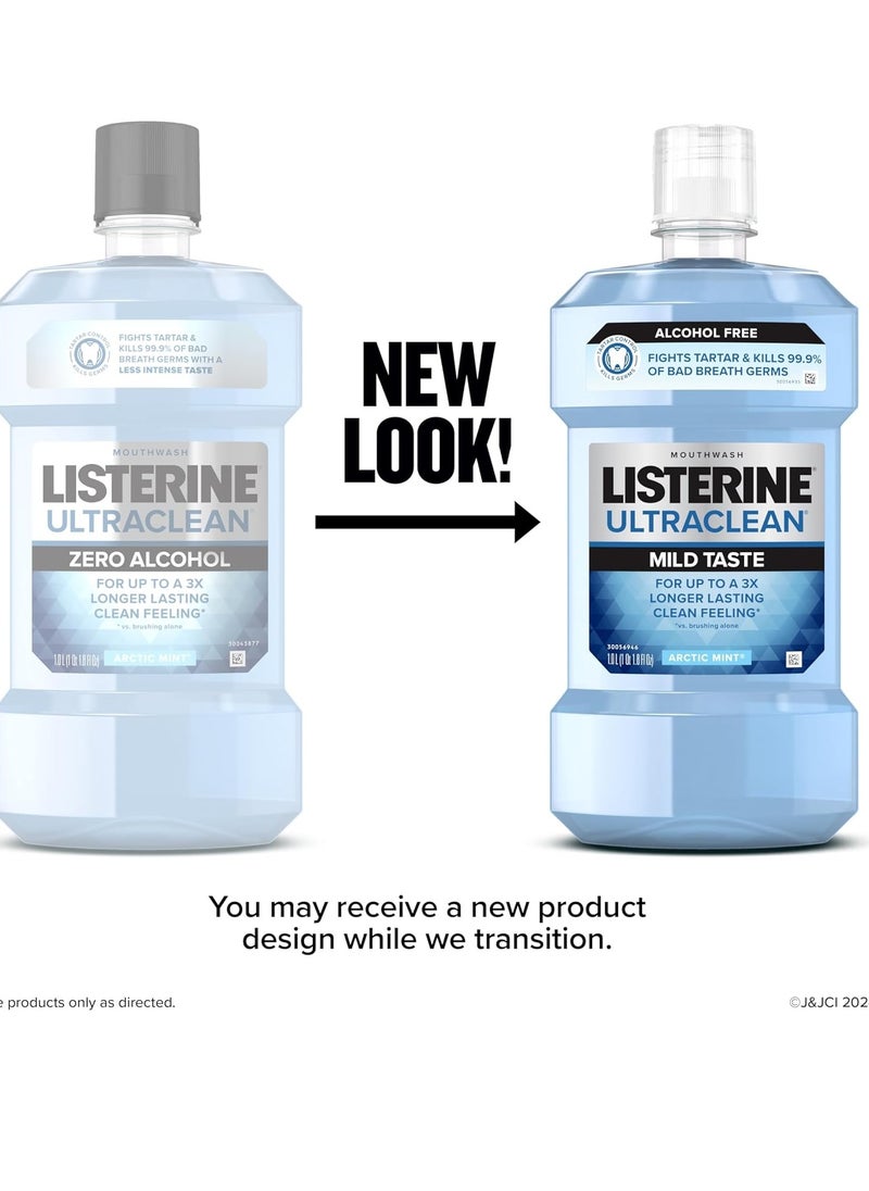 Listerine Ultraclean Zero Alcohol Tartar Control Mouthwash, Oral Rinse to Help Fight Bad Breath and Tartar, for Cleaner, Naturally White Teeth, Less Intense Arctic Mint Taste, 1 L