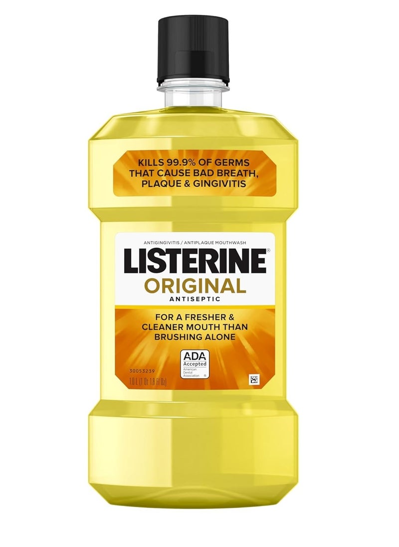 Listerine Original Antiseptic Oral Care Mouthwash to Kill 99% of Germs That Cause Bad Breath, Plaque and Gingivitis, ADA-Accepted Mouthwash, Original Flavored Oral Rinse, 1 L