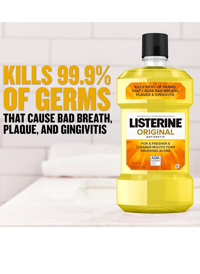 Listerine Original Antiseptic Oral Care Mouthwash to Kill 99% of Germs That Cause Bad Breath, Plaque and Gingivitis, ADA-Accepted Mouthwash, Original Flavored Oral Rinse, 1 L