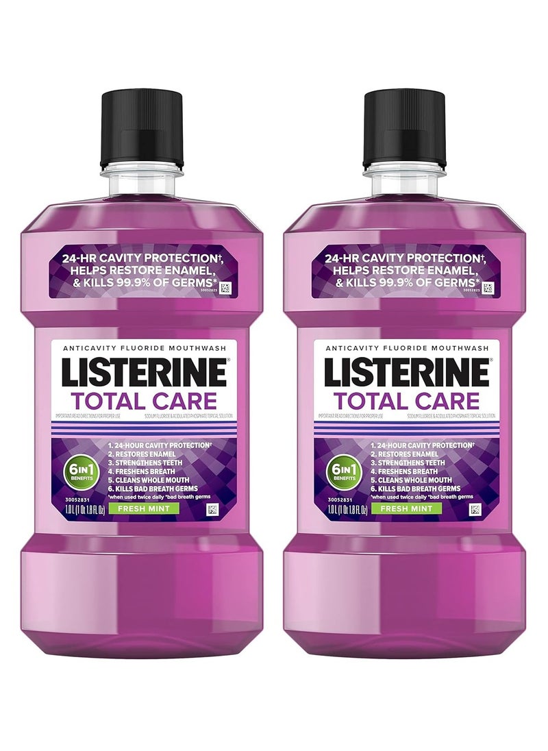 Listerine Total Care Anticavity Fluoride Mouthwash, Kills 99.9% of Germs That Cause Bad Breath and Prevents Cavities, Fresh Mint Flavor, 1L (Pack of 2)