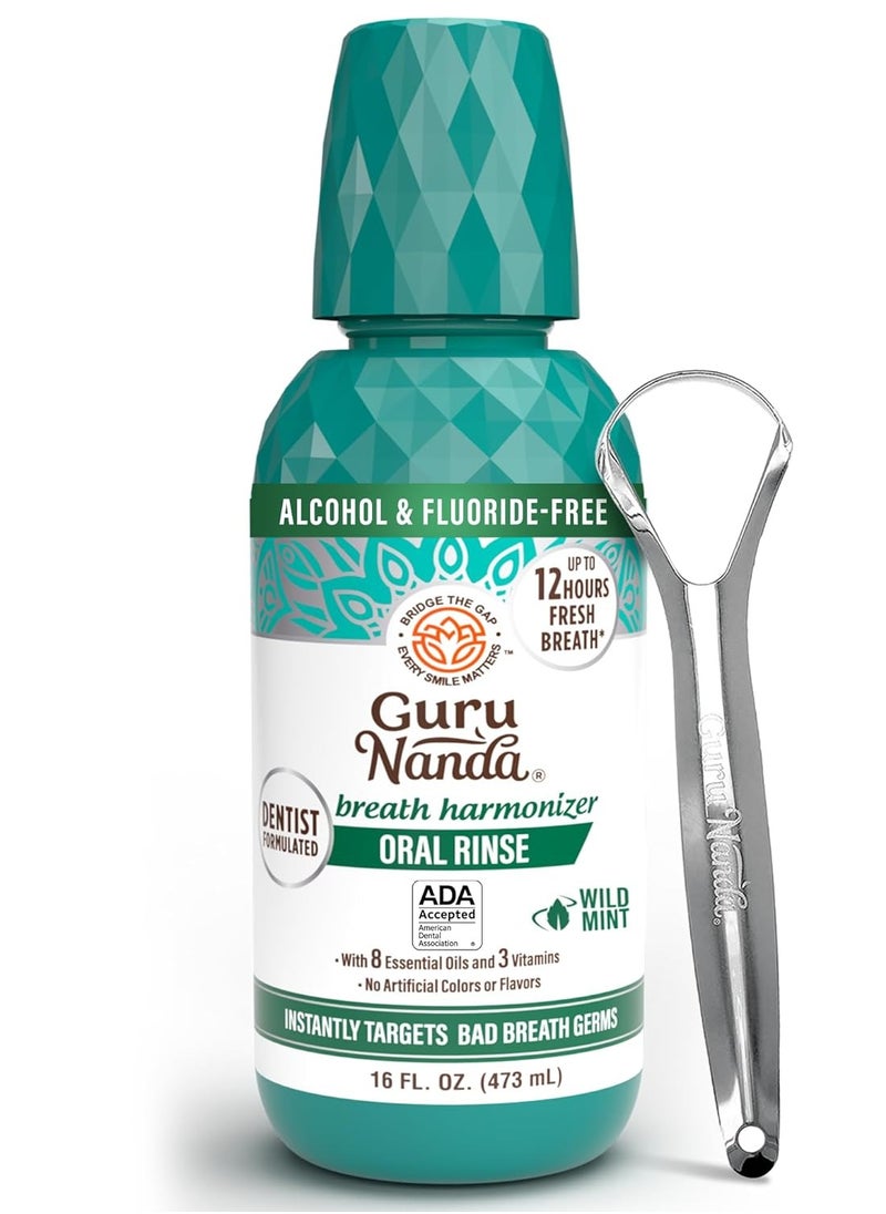 GuruNanda Oral Rinse Fresh Breath Mouthwash, ADA-Accepted Alcohol-Free Mouthwash, 7 Essential Oils & Vitamins, SLS & Flouride-Free, Wild Mint, 16 Oz