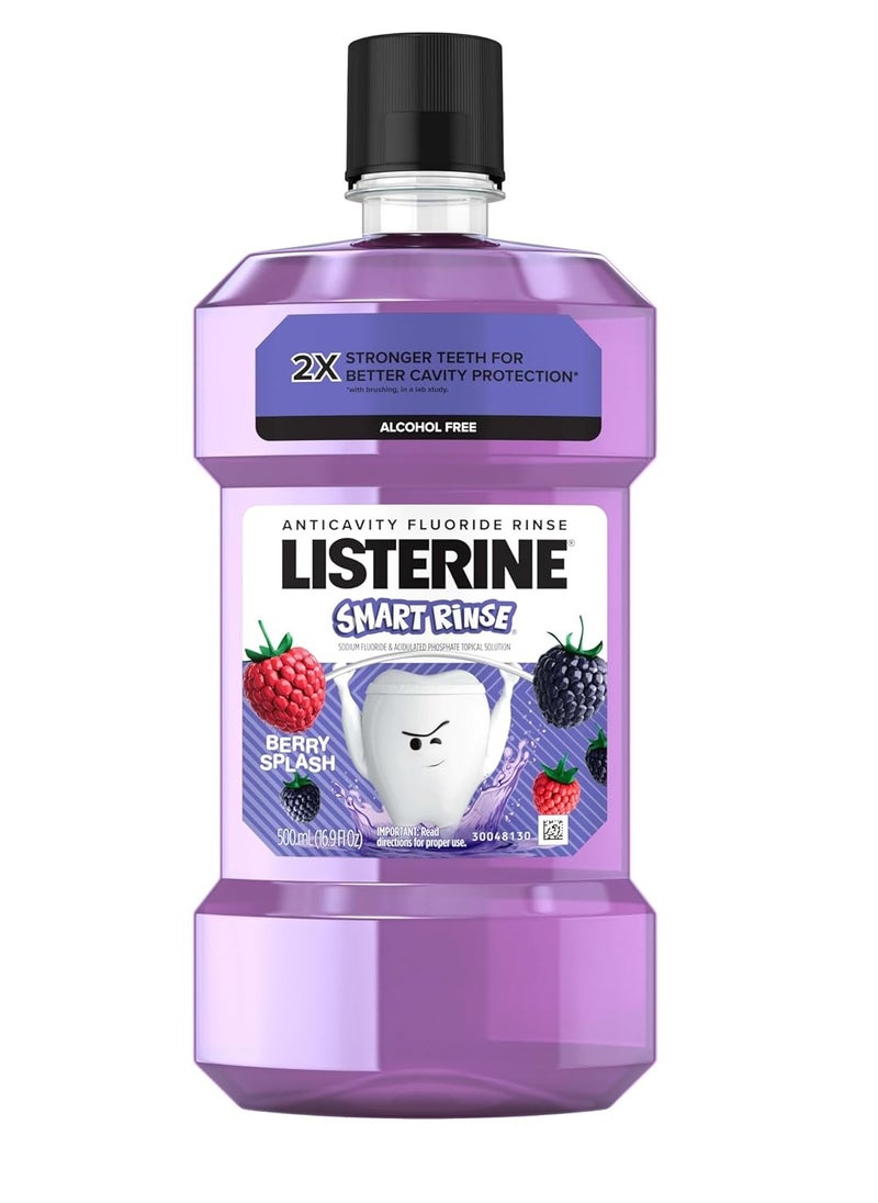 Listerine Smart Rinse Kids Alcohol-Free Anticavity Fluoride Mouthwash for Cavity Protection, Berry Splash Flavor, 500 mL