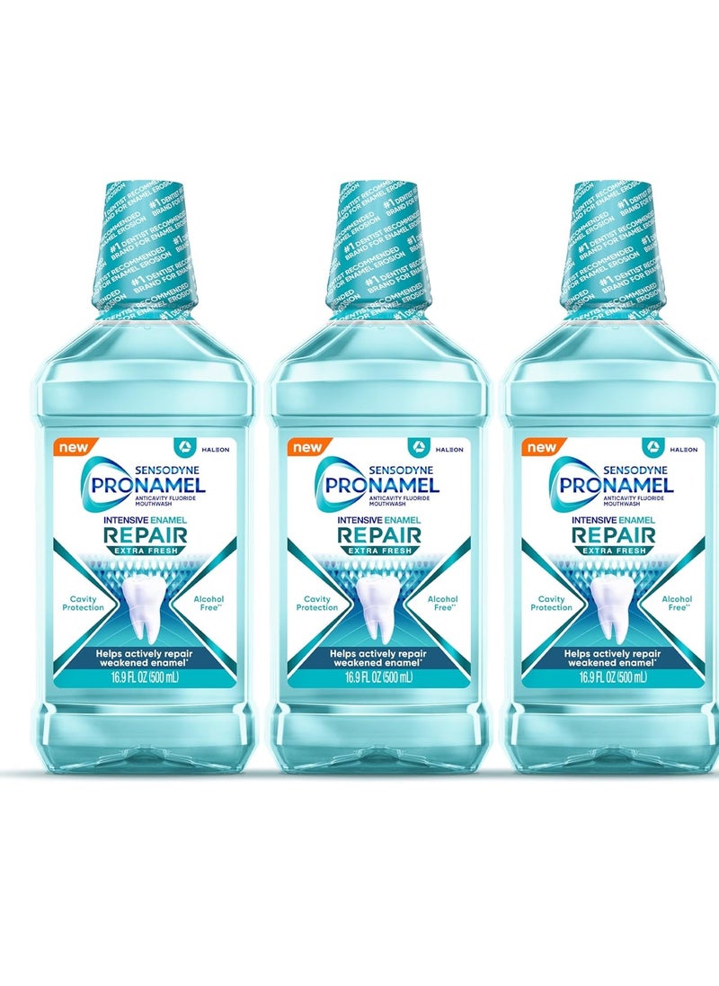 Sensodyne Pronamel Intensive Enamel Repair Alcohol-Free Mouthwash to Help Actively Repair Enamel and Protect Against Cavities, Extra Fresh, 3 x 16.9 fl oz