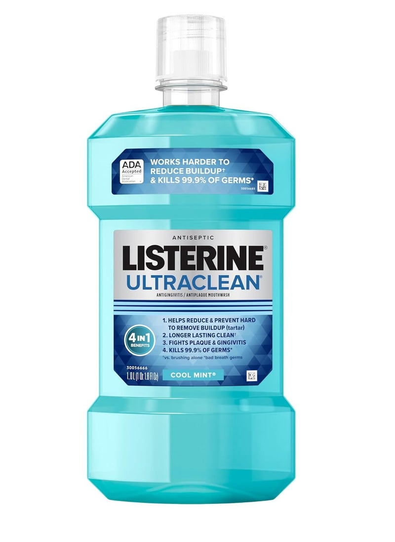 Listerine Ultraclean Oral Care Antiseptic Mouthwash, Everfresh Technology to Help Fight Bad Breath, Gingivitis, Plaque & Tartar, ADA-Accepted Tartar Control Oral Rinse, Cool Mint, 1 L