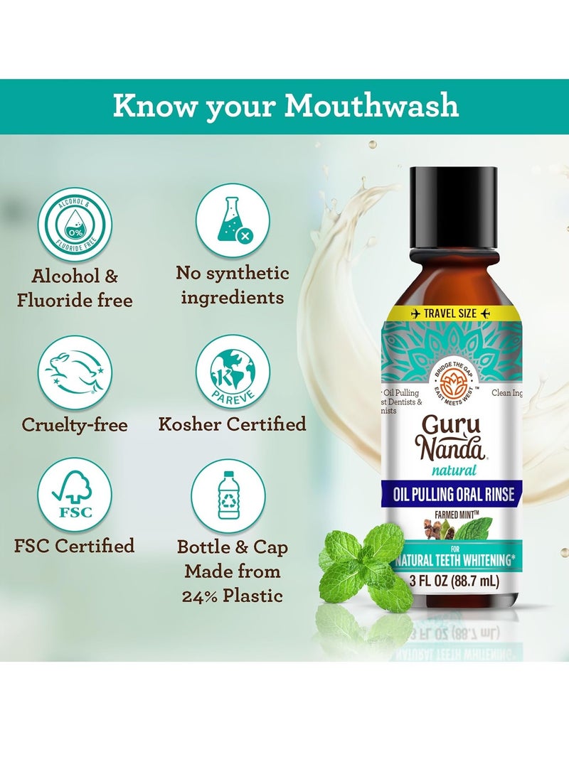 GuruNanda Travel Size Coconut Oil Pulling, 7 Essential Oils & Vitamins, Fresh Breath & Whitening Mouthwash, No Alcohol & Fluoride, 3 oz