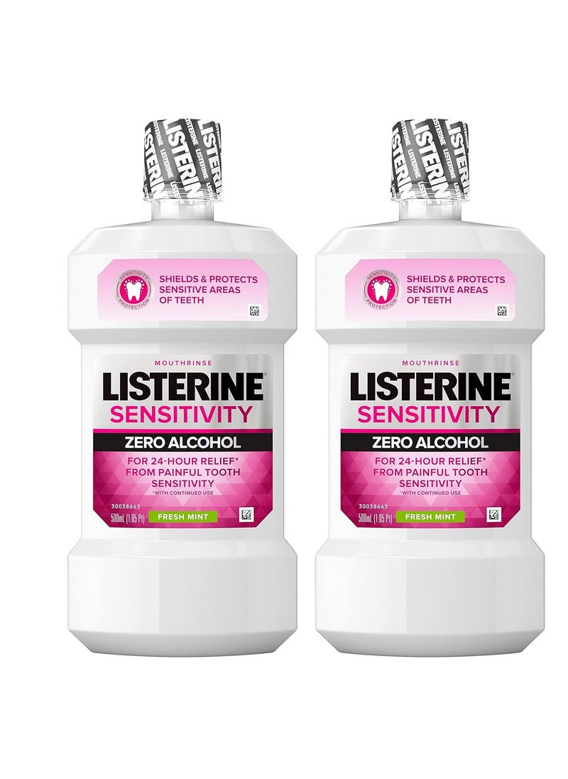 Listerine Sensitivity Mouthwash, Zero Alcohol, Less Intense Formula, for Sensitive Teeth, Bad Breath Treatment, Alcohol Free Mouth Wash for Adults; Fresh Mint Flavor, 500 mL (Pack of 2)