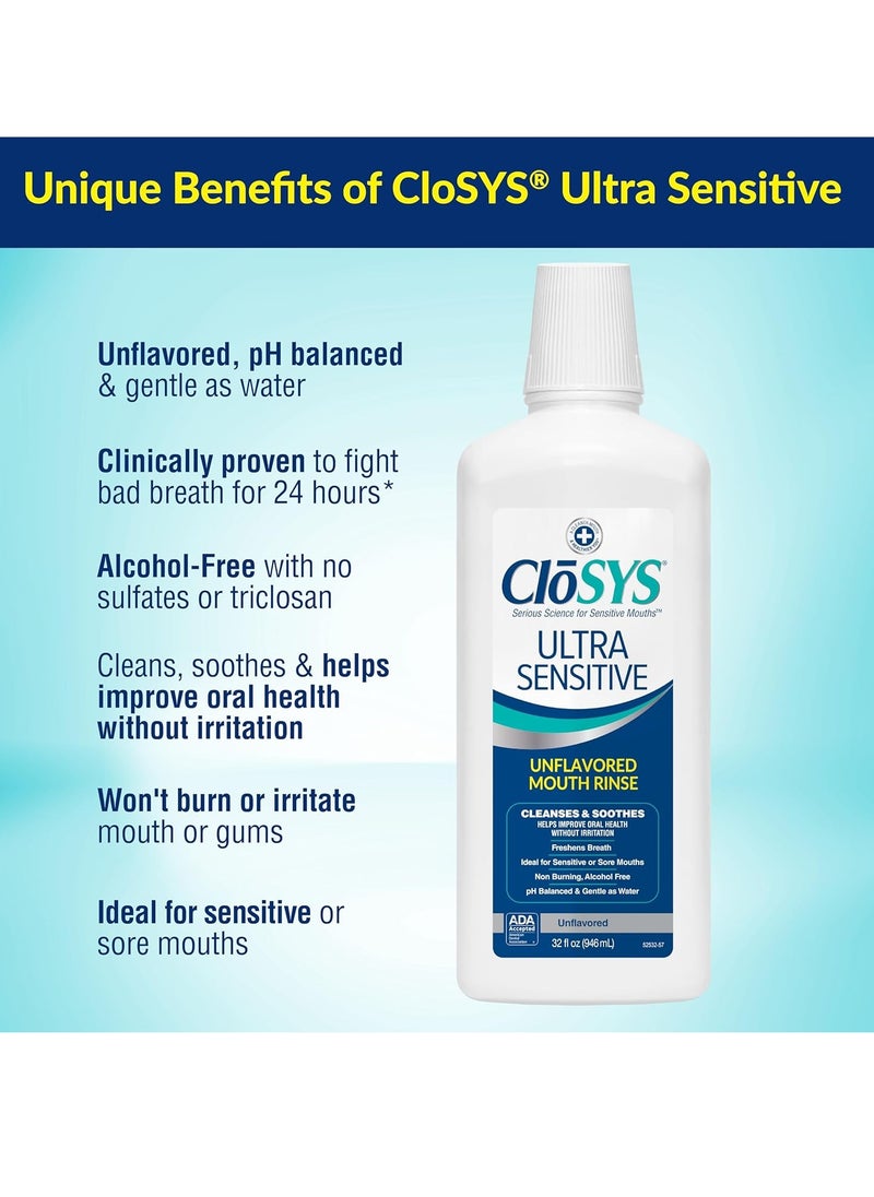 CloSYS Ultra Sensitive Mouthwash, Unflavored Alcohol Free, Dye Free, pH Balanced, Helps Soothe Entire Mouth – 32 Oz (Pack of 2)