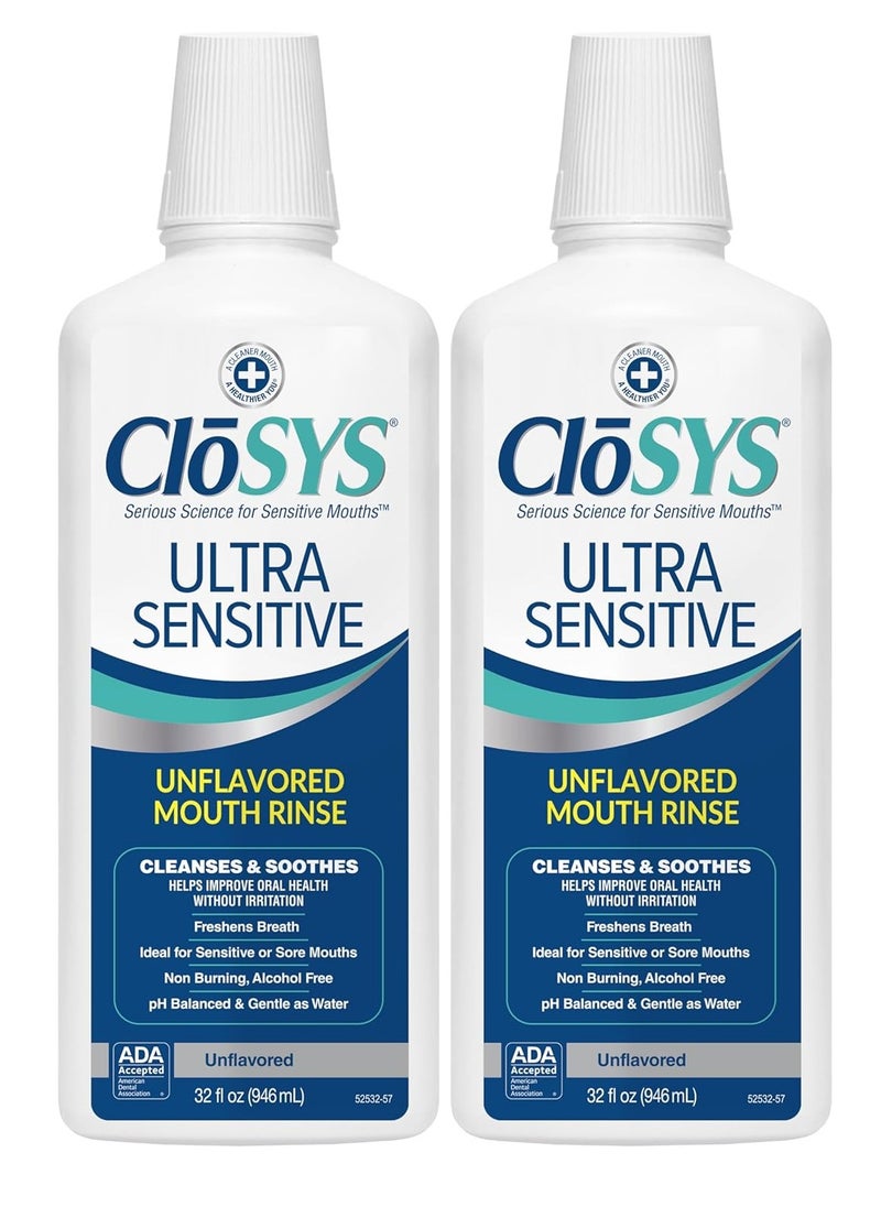 CloSYS Ultra Sensitive Mouthwash, Unflavored Alcohol Free, Dye Free, pH Balanced, Helps Soothe Entire Mouth – 32 Oz (Pack of 2)