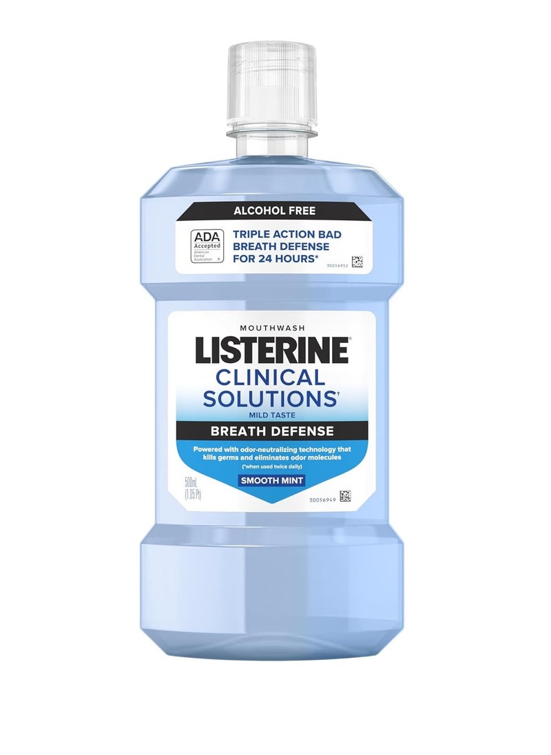 Listerine Bad Breath Zero Alcohol Mouthwash, Clinical Solutions Breath Defense, Alcohol-Free Mouthwash with a Triple-Action Formula Fights Bad Breath for 24 Hours, Smooth Mint Oral Rinse, 500 mL