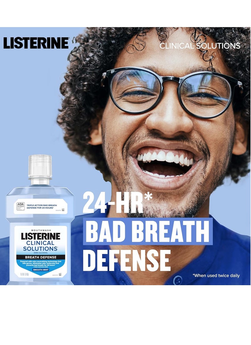 Listerine Bad Breath Zero Alcohol Mouthwash, Clinical Solutions Breath Defense, Alcohol-Free Mouthwash with a Triple-Action Formula Fights Bad Breath for 24 Hours, Smooth Mint Oral Rinse, 500 mL