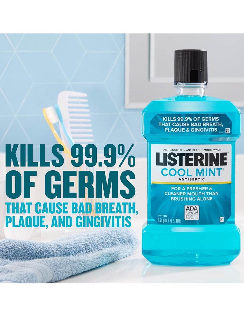 Listerine Cool Mint Antiseptic Mouthwash, Daily Oral Rinse Kills 99% of Germs That Cause Bad Breath, Plaque and Gingivitis for a Fresher, Cleaner Mouth, Cool Mint Flavor, 1.0 L