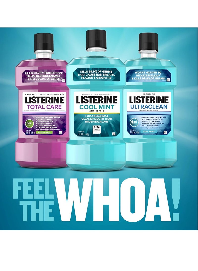 Listerine Cool Mint Antiseptic Mouthwash, Daily Oral Rinse Kills 99% of Germs That Cause Bad Breath, Plaque and Gingivitis for a Fresher, Cleaner Mouth, Cool Mint Flavor, 1.0 L