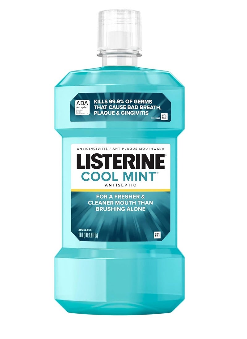 Listerine Cool Mint Antiseptic Mouthwash, Daily Oral Rinse Kills 99% of Germs That Cause Bad Breath, Plaque and Gingivitis for a Fresher, Cleaner Mouth, Cool Mint Flavor, 1.0 L